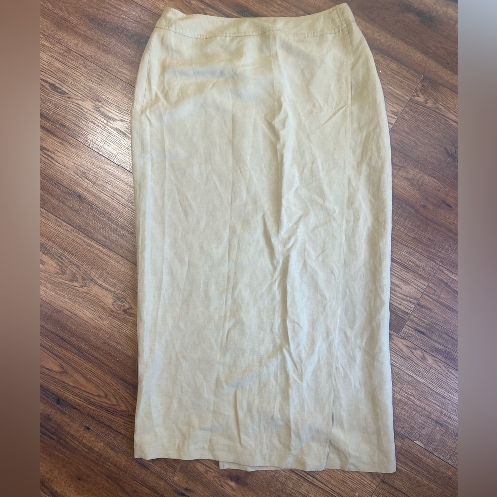 Vintage Jones & Co Silk Linen Tan Wrap Style Skirt Size 12 cashew color midi